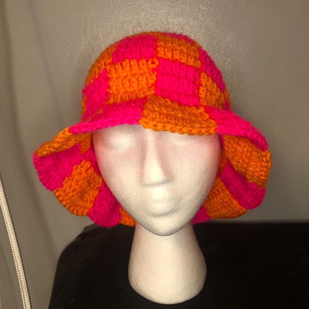 crochet pink and orange checkered bucket hat HANDMADE